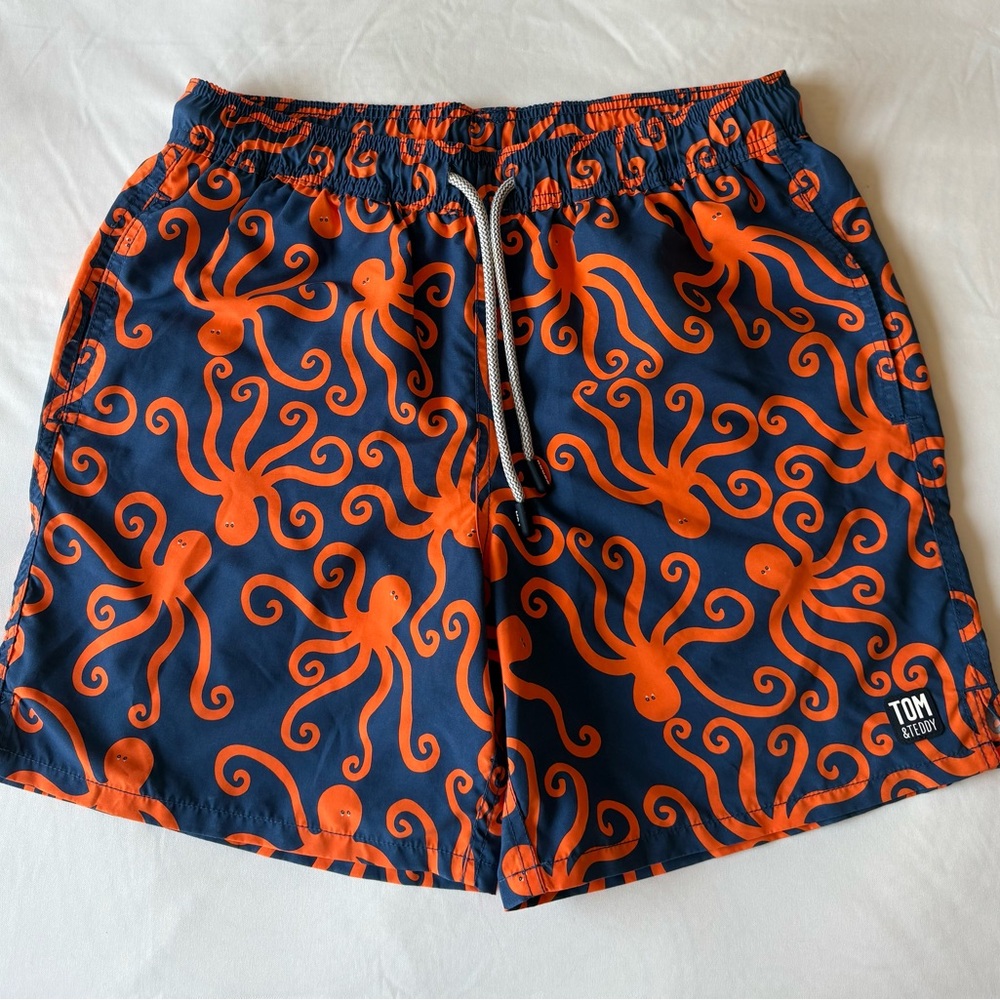 Tom & Teddy Men's Swim Trunks - Navy and Orange Octopus
